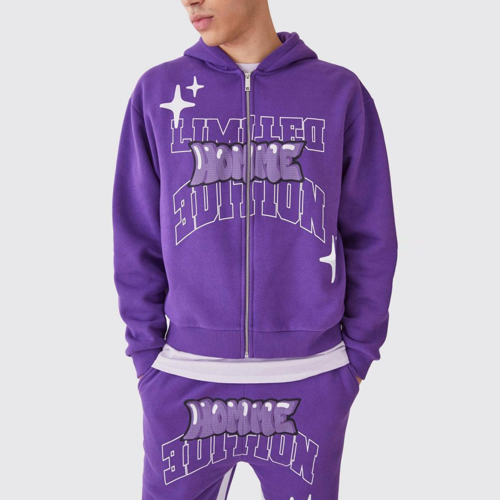 Oversized Boxy Zip Through Puff Print Hoodie - Image 3